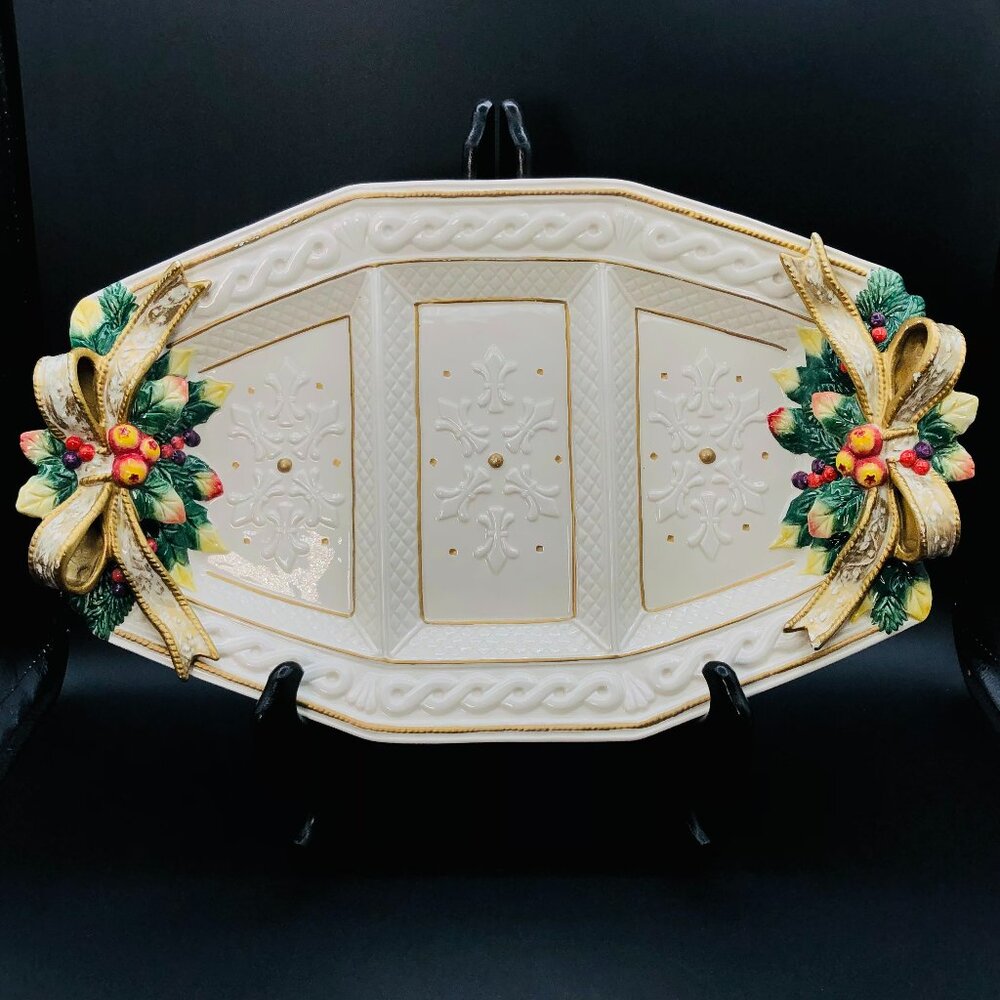 90s Fitz and Floyd Snowy Woods Hostess Serving Tray Christmas Divided Charger